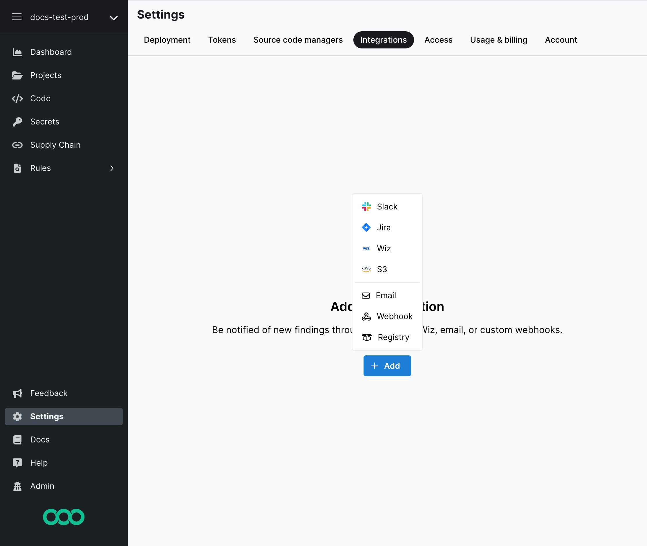 Screenshot of Integrations page while adding the first integration.