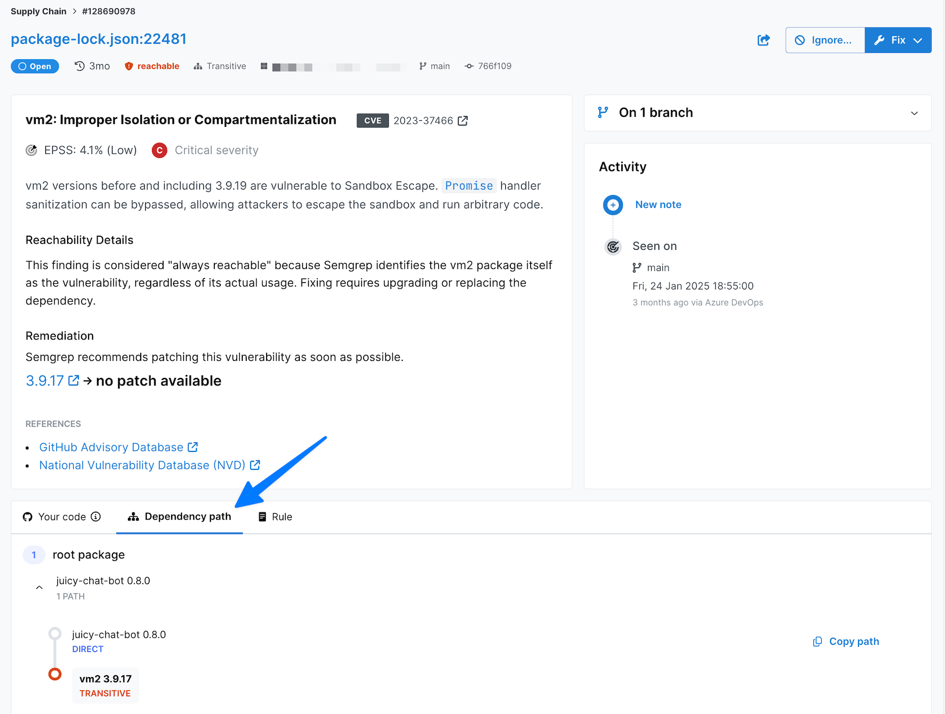The finding details page showing a reachable transitive finding and its dependency path