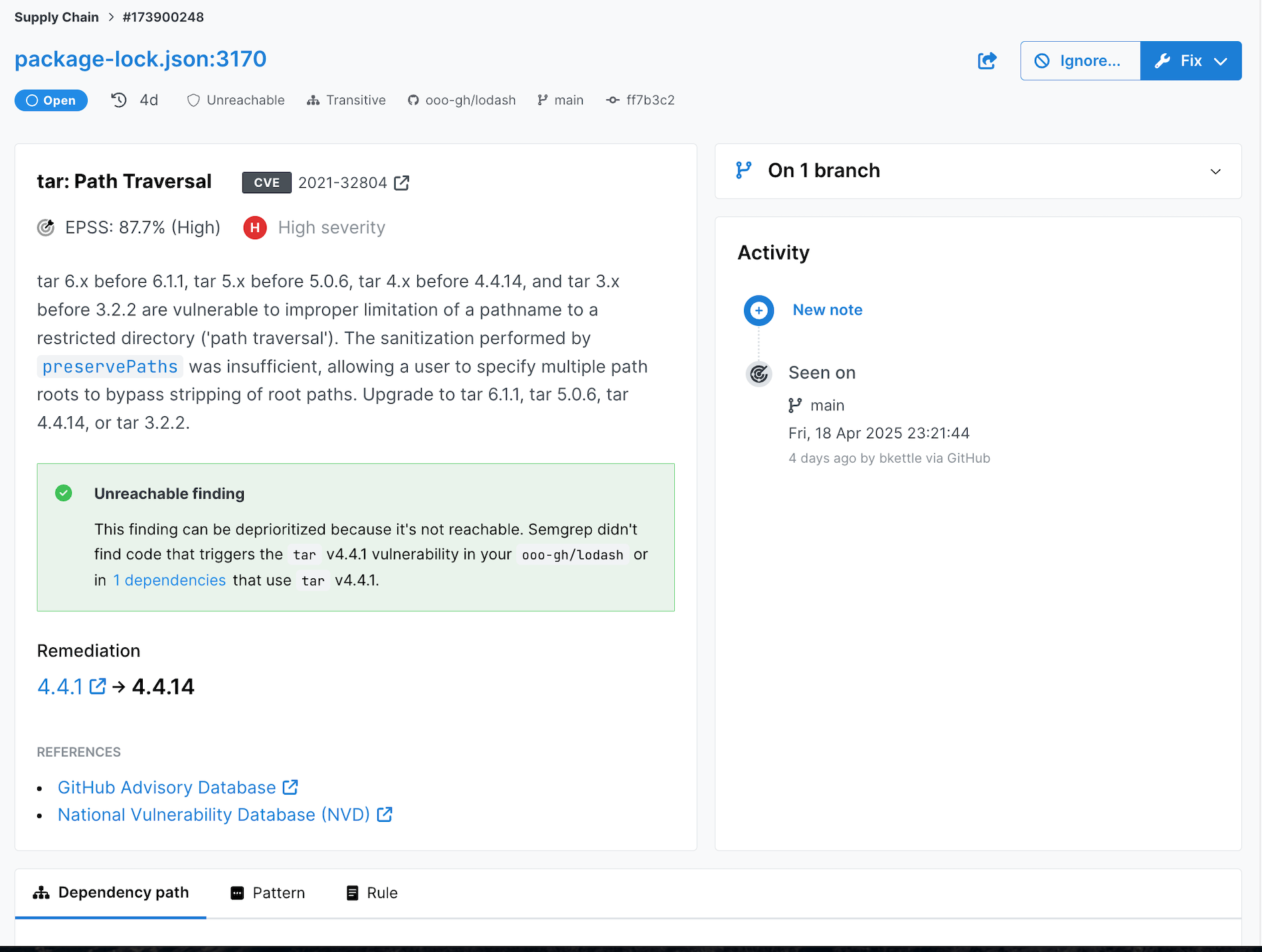 The finding details page showing that the Supply Chain finding is unreachable.