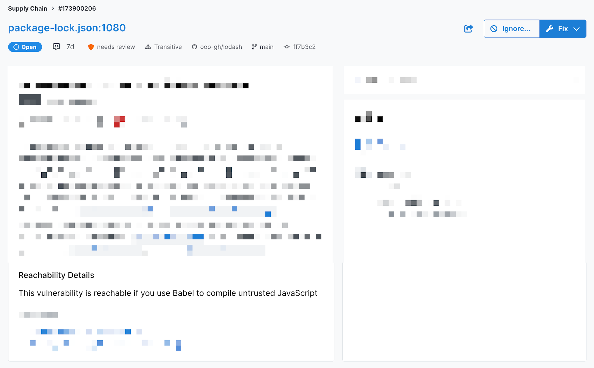 A Supply Chain finding that needs review. Semgrep provides reachability details and remediation advice.